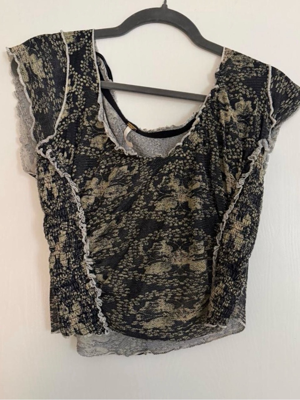 Free People Black and Cream Floral Ruffled Short Sleeve Top